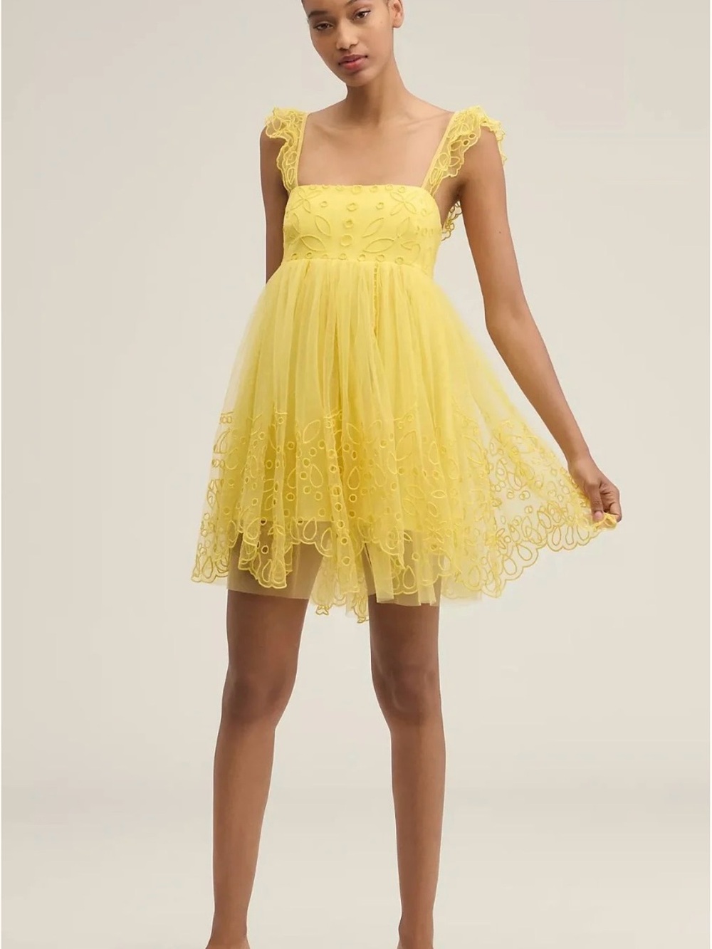 Anthropologie Let Me Be Tulle Yellow Lace Mini Dress Size XL NWT